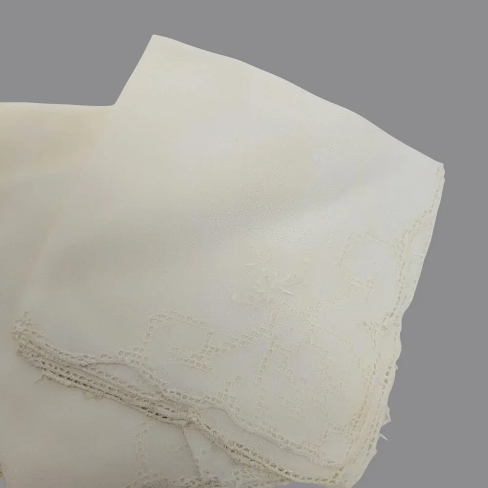 Vintage Napkins Linen Embroidered Crochet Cream 2 Sets
